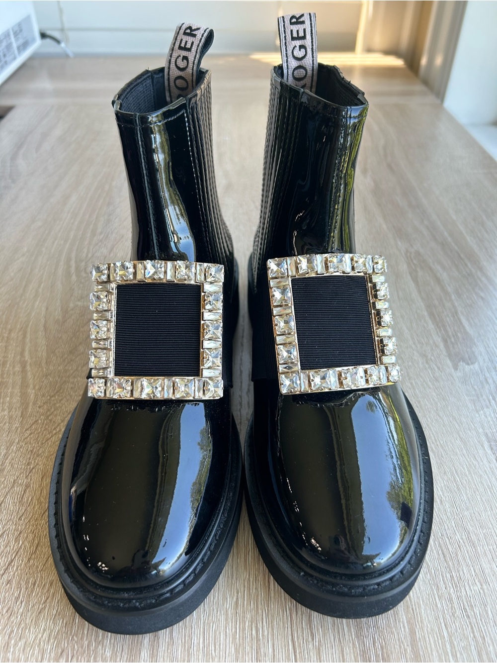 Roger Vivier Black Patent Viv Chelsea Boots with Crystal Buckle 36